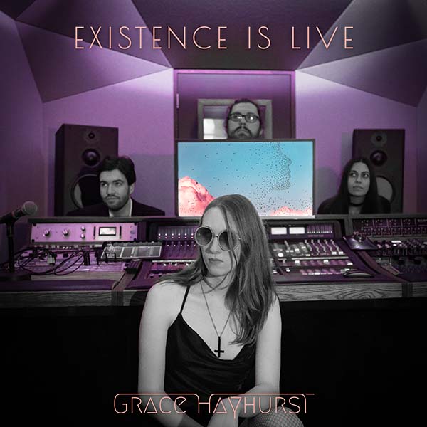 Artwork for 'Existence is Live'. Four musicians standing around a mixing console.