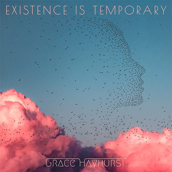 Artwork for 'Existence is Temporary'. A face made of birds in a summers day sky surrounded by clouds.